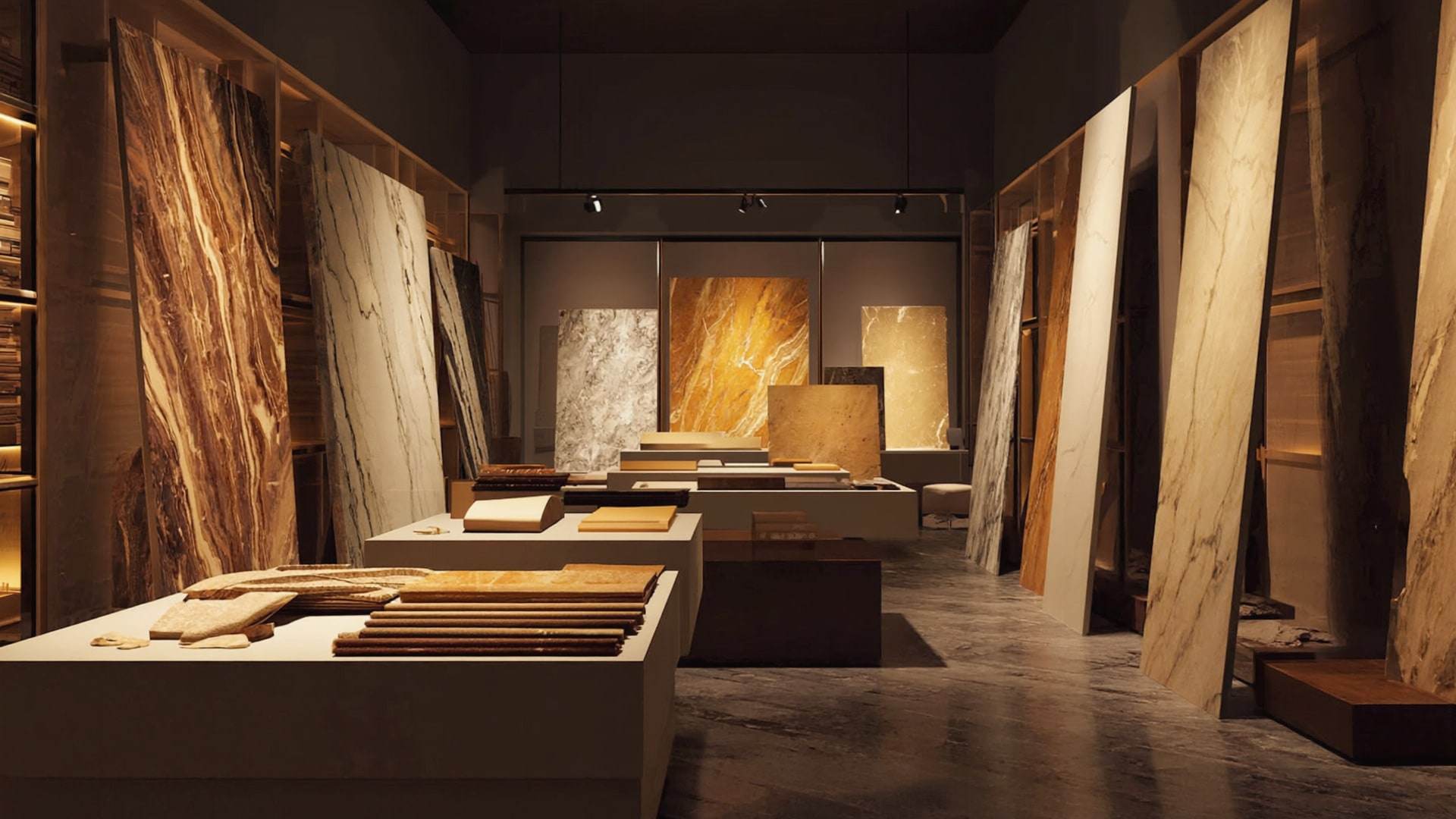 A dark gallery of spotlit marble, onyx and timber slabs, like a jeweller's vault.