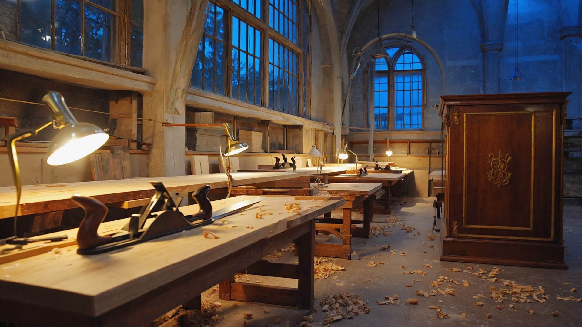 A joinery workshop at dusk, hand tools laid out beside a walnut cabinet.
