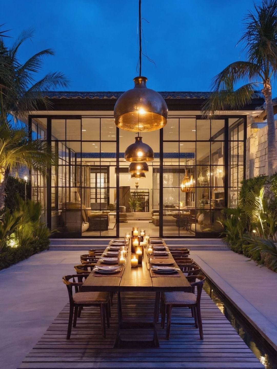 Pavilion makan berkaca pada waktu senja, meja panjang dihias lilin di bawah lampu gangsa.