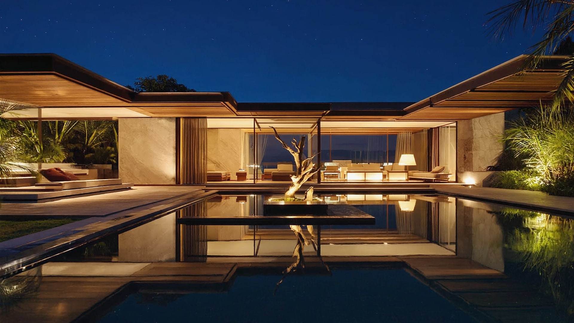 Low travertine wings around a reflecting pool at night, a sculptural tree at the centre.
