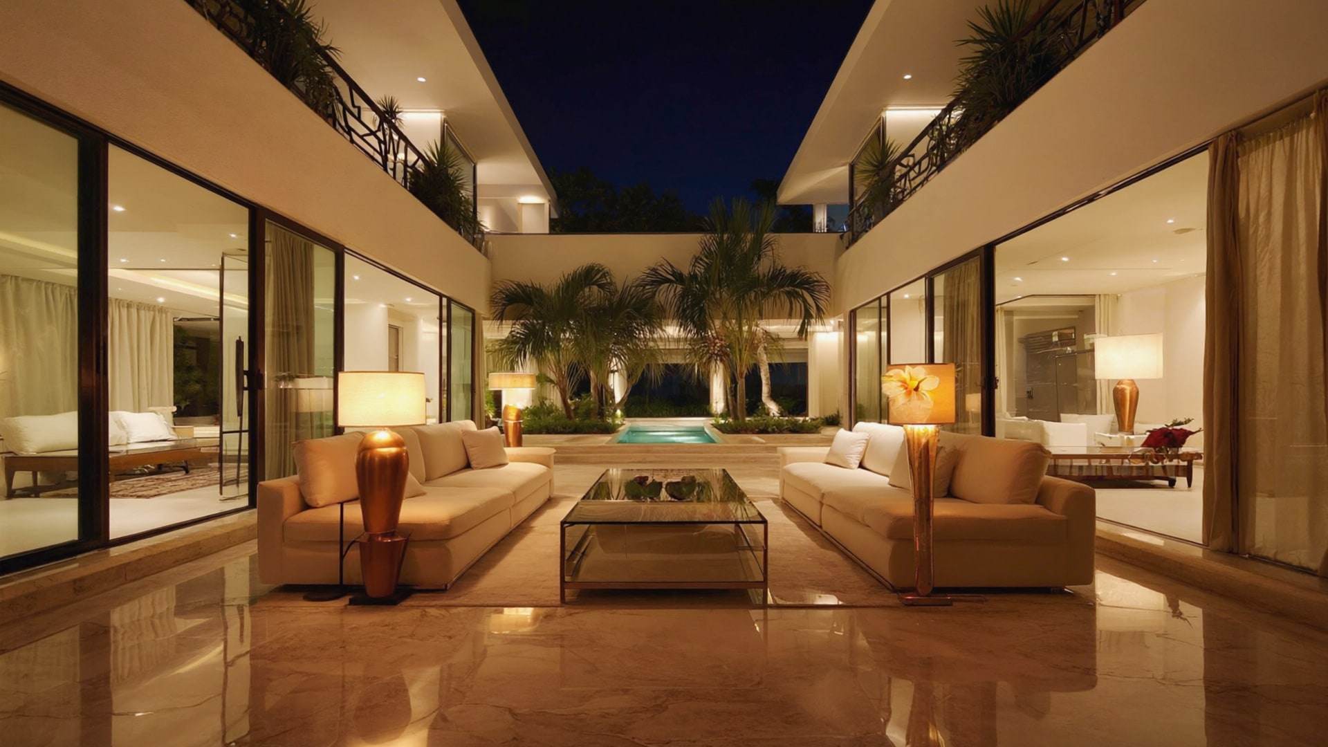 A double-height living room of travertine and ivory, opening fully onto a lit courtyard.