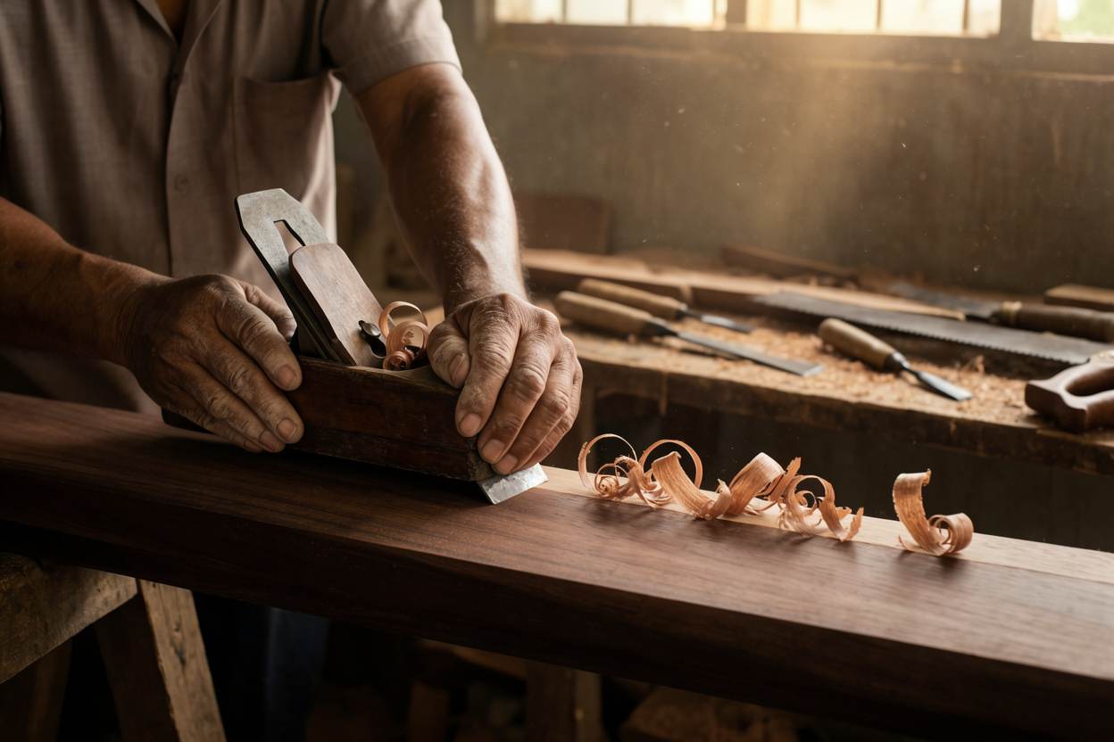 A craftsman's hands guiding a hand plane along a timber plank.