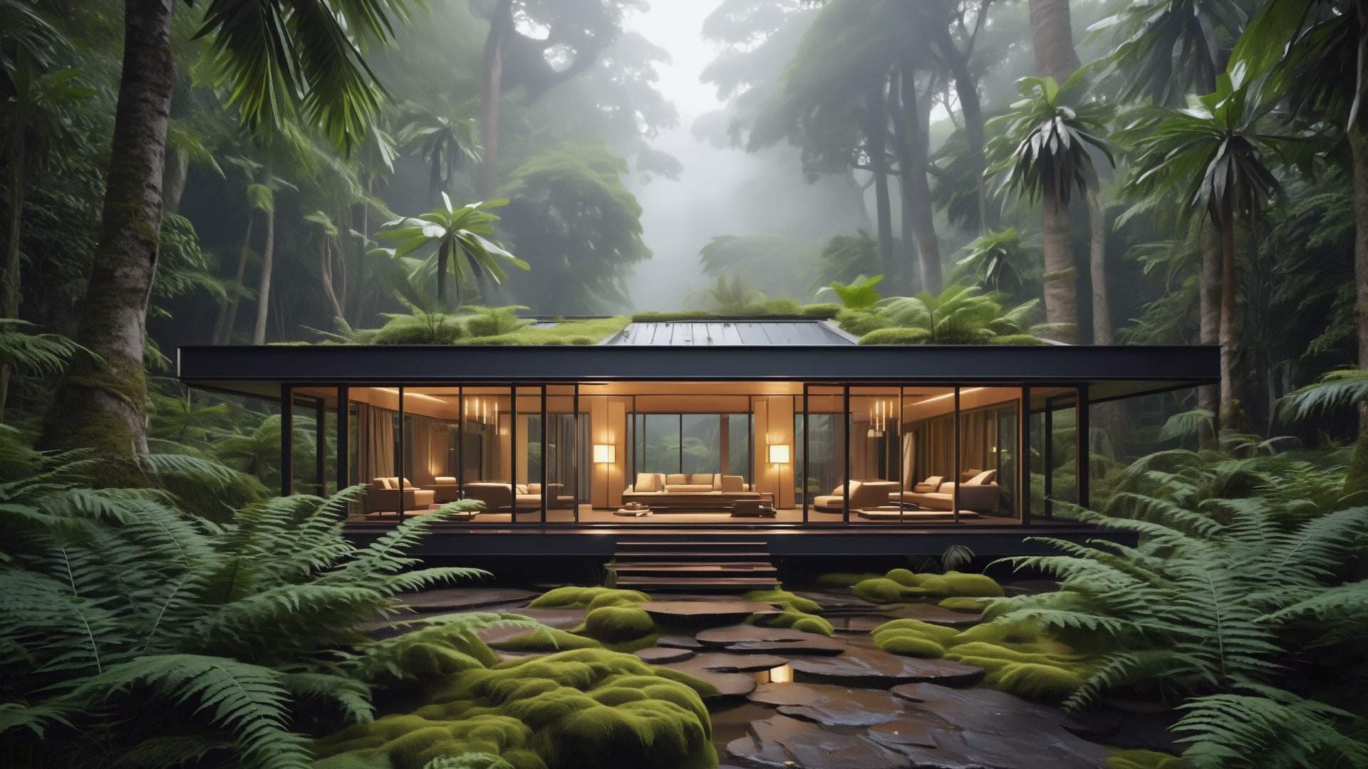 A glass villa within misty rainforest, ferns and moss at its threshold.