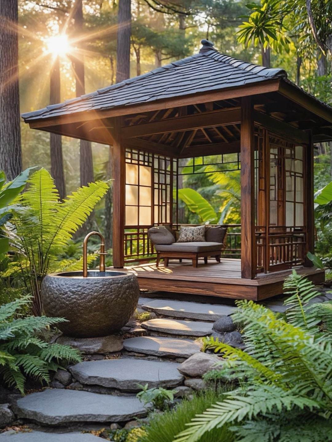 A teak garden pavilion and stone water basin among ferns and heliconia.