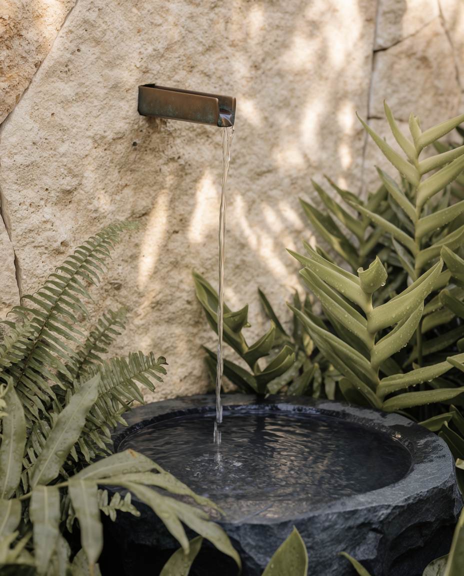 Water falling from a slim spout into a dark stone basin among ferns.