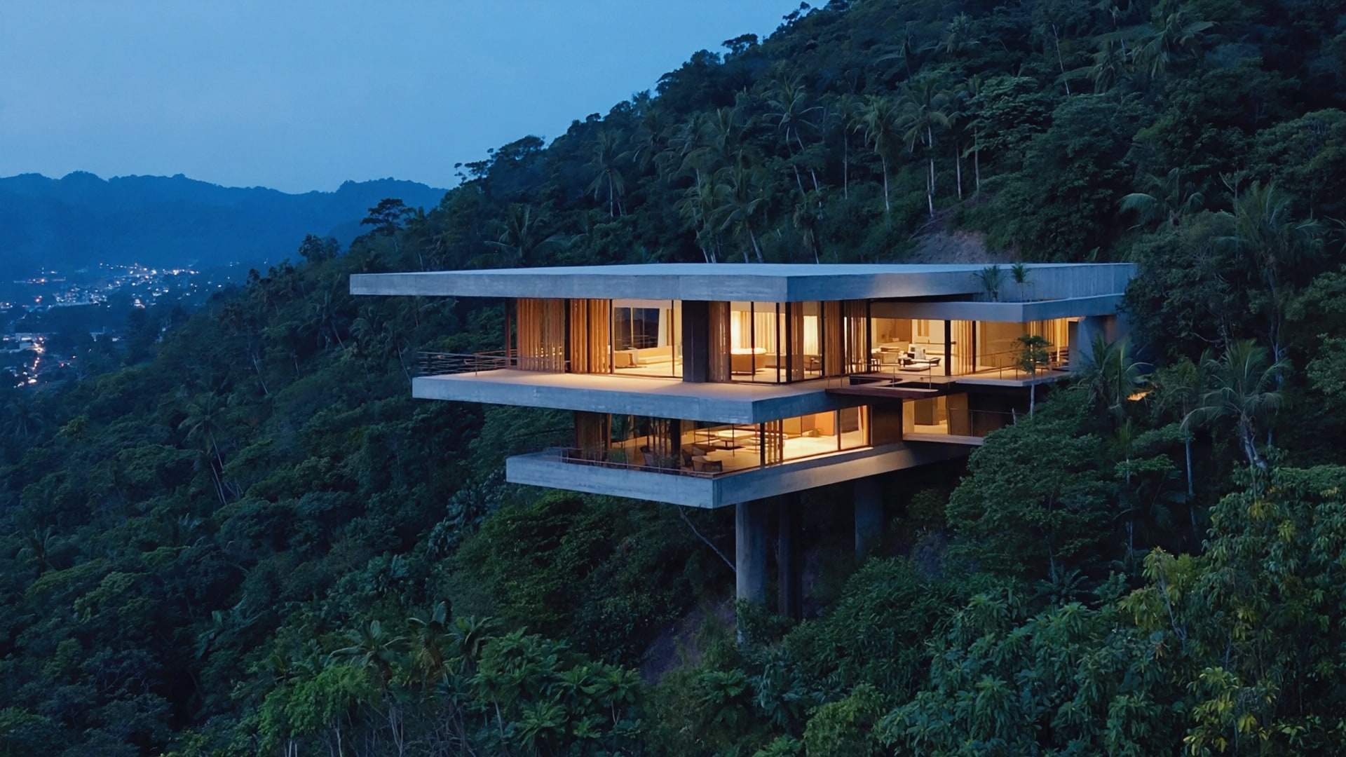A cantilevered pavilion house on a forested hillside at dusk, city lights far beyond.