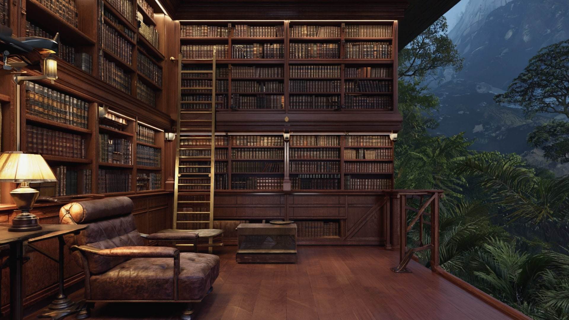 A double-height teak library with a rolling ladder and a leather reading chair.
