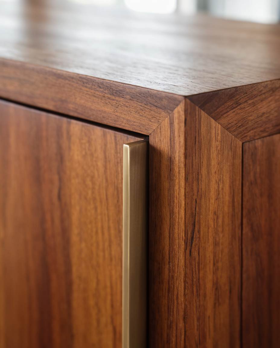 The mitred corner of a teak cabinet door with a slim bronze pull.