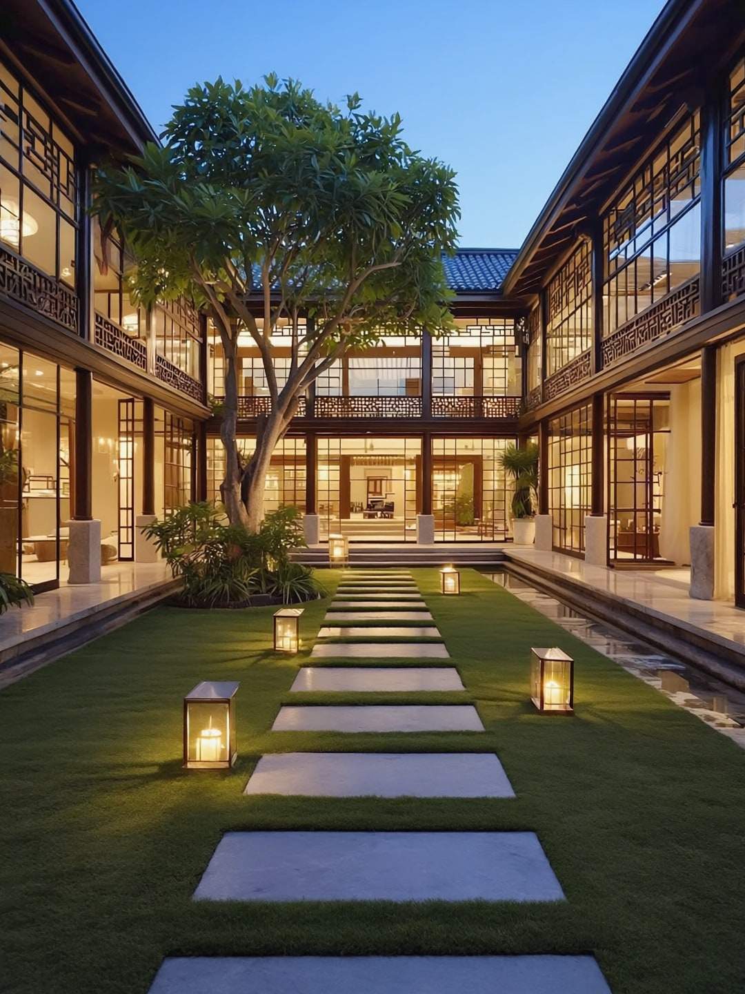 An inner family courtyard at dusk, lanterns lining stepping stones between the wings.