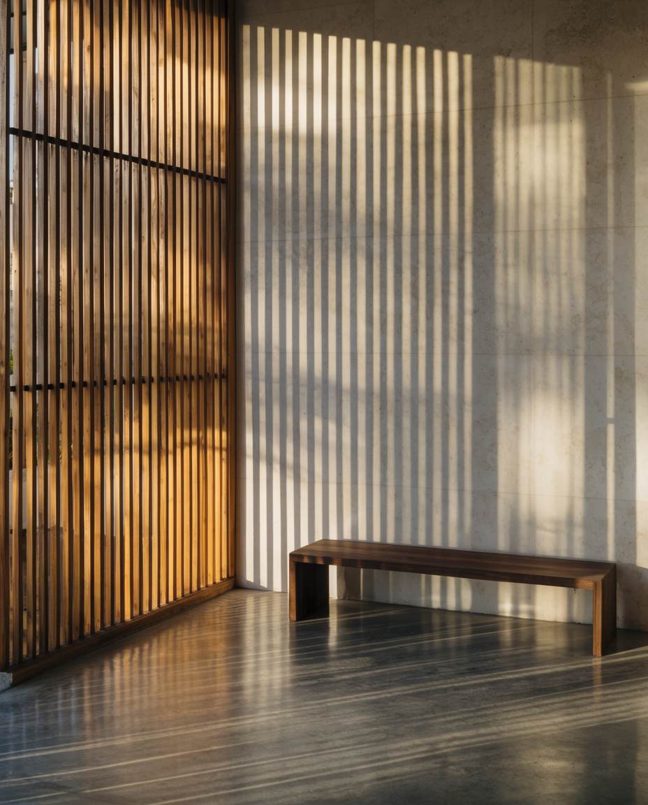 Afternoon sun through a teak screen, casting long shadows across limestone.