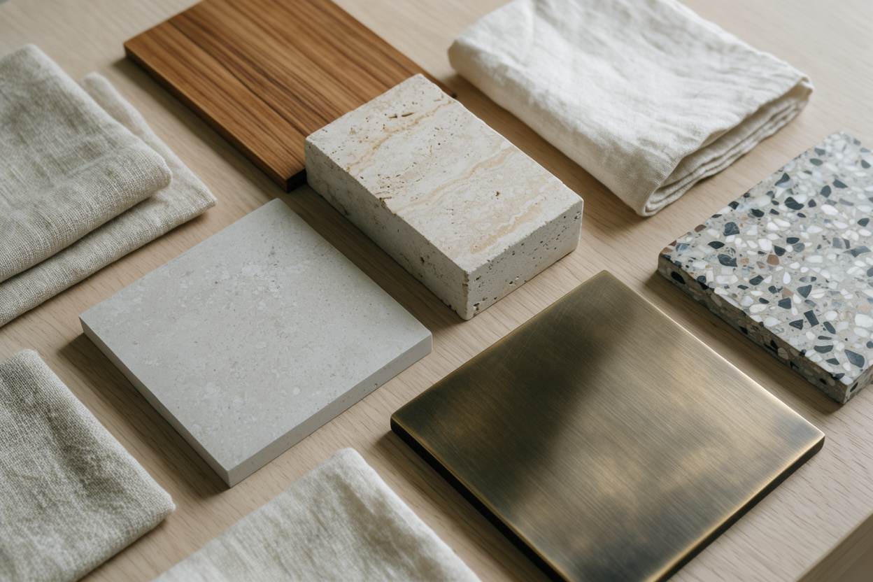 Sampel bahan di atas meja oak: batu kapur, travertin, jati, gangsa, terazo dan linen.