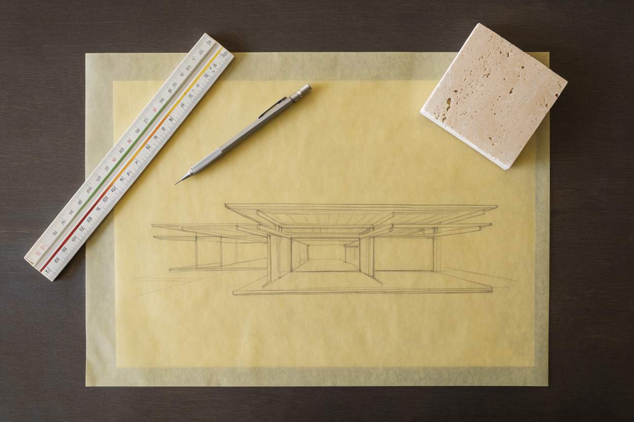 A pencil sketch of a house section on tracing paper beside a scale ruler.