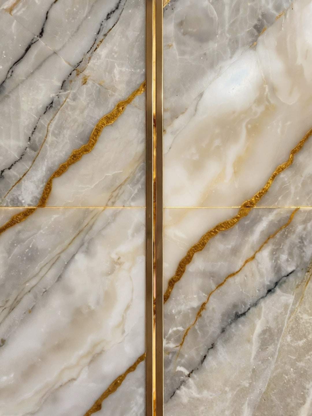 Two book-matched marble slabs meeting at a hairline joint beside a bronze inlay.