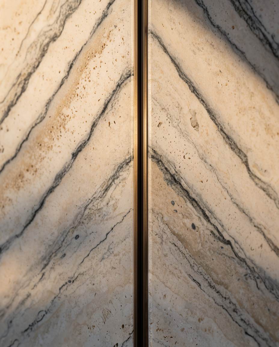 Two book-matched travertine slabs meeting at a precise joint.