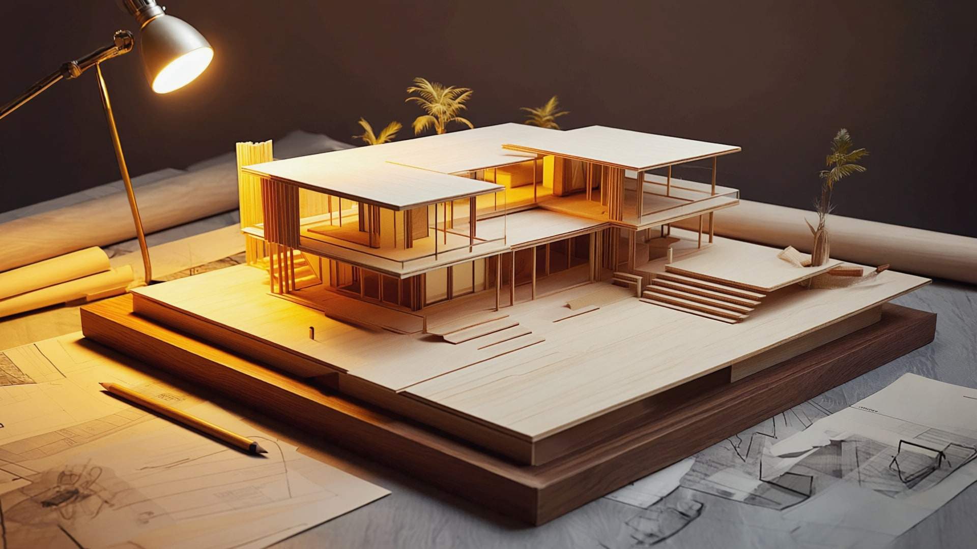 Model vila daripada kayu bass di bawah lampu tembaga di atas meja studio walnut.