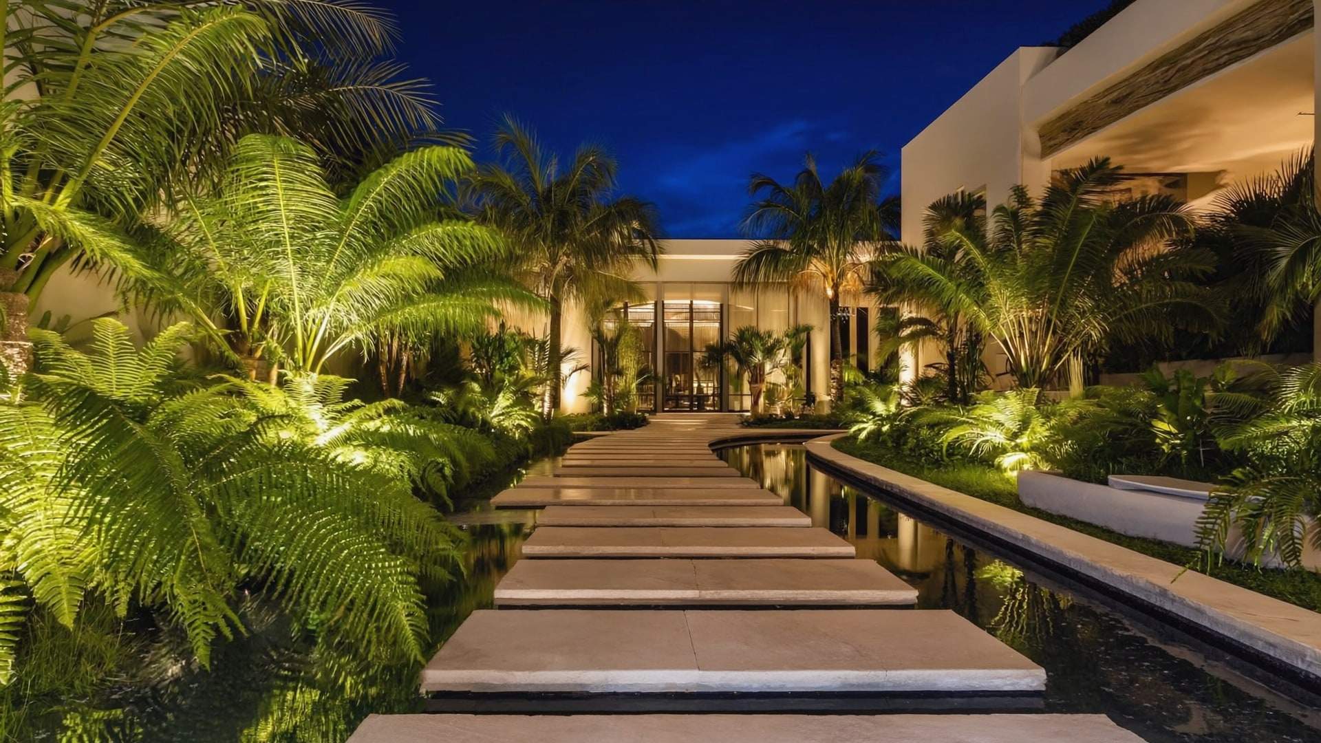 A night garden of stone slabs, uplit palms and a long rill of water.