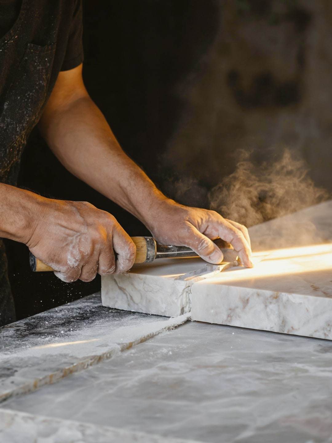 A stonemason's hands finishing the edge of a veined marble slab.
