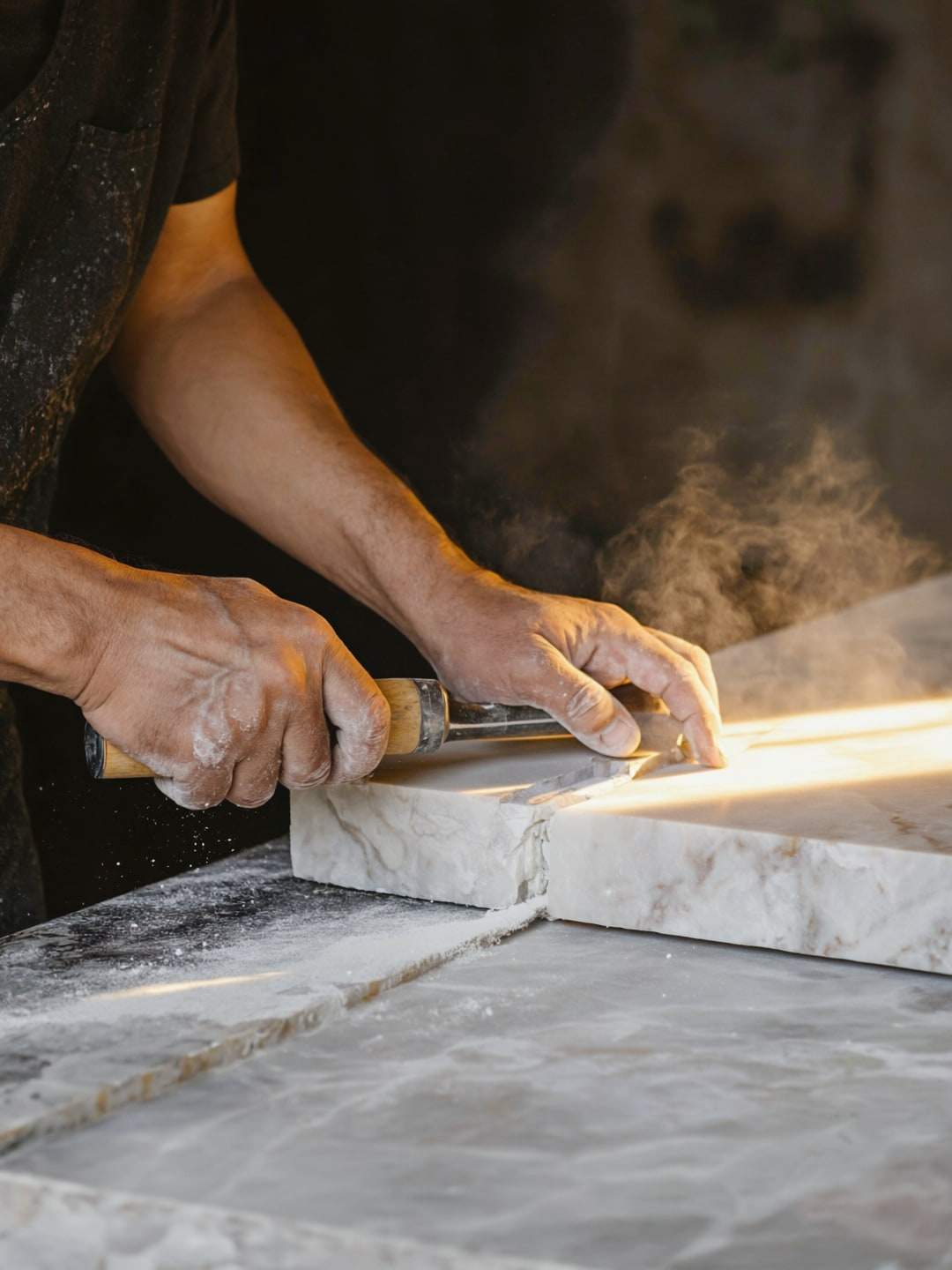A stonemason's hands finishing the edge of a veined marble slab.
