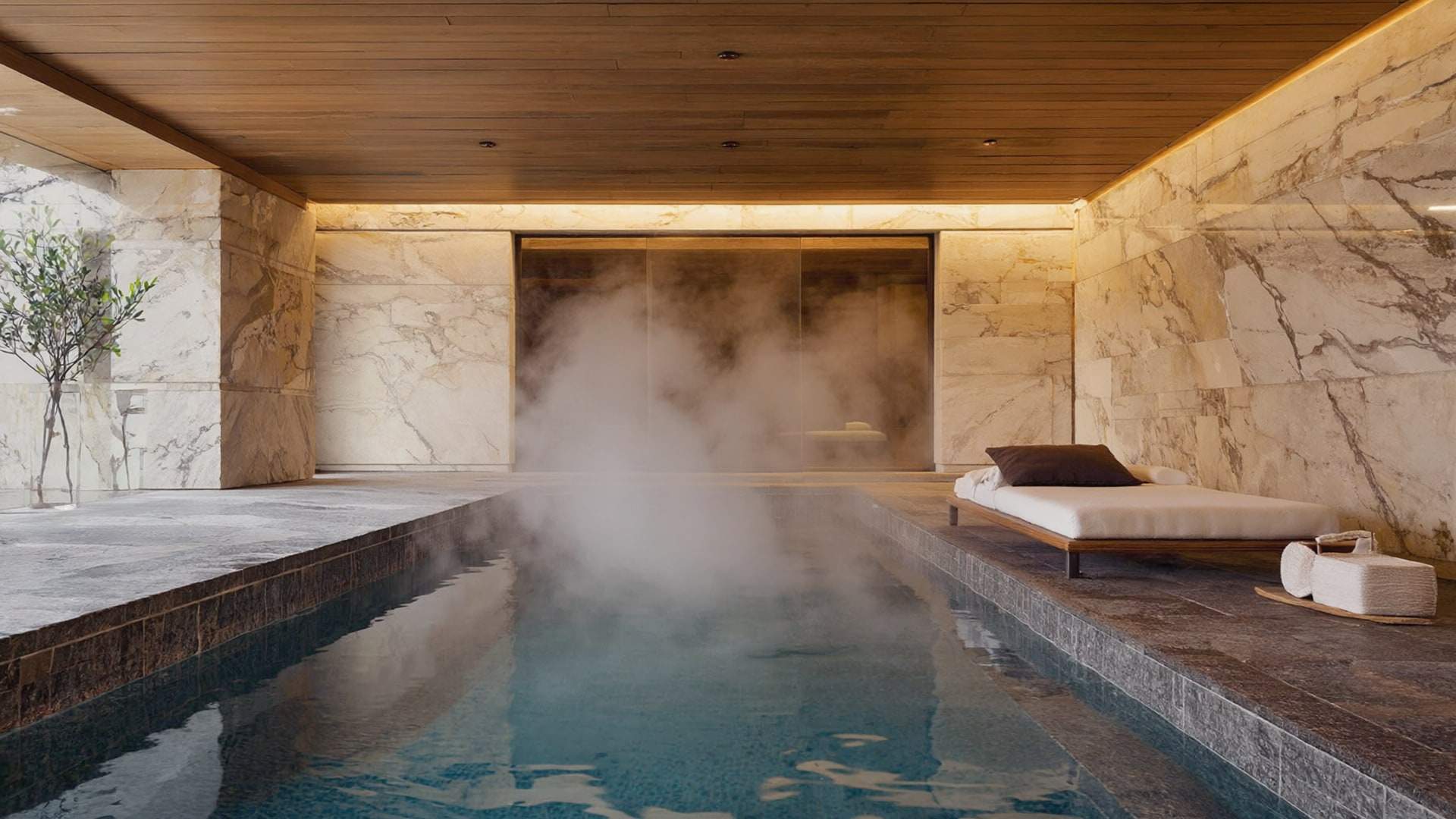 An indoor wellness pool under a timber ceiling, steam over still water.