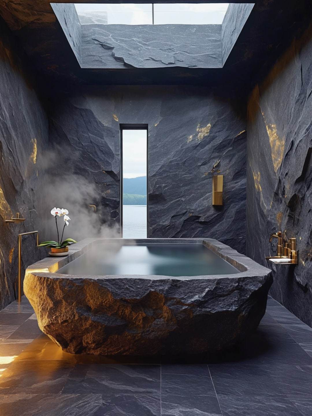 A monolithic stone bath beneath a skylight, steam rising, an orchid beside it.