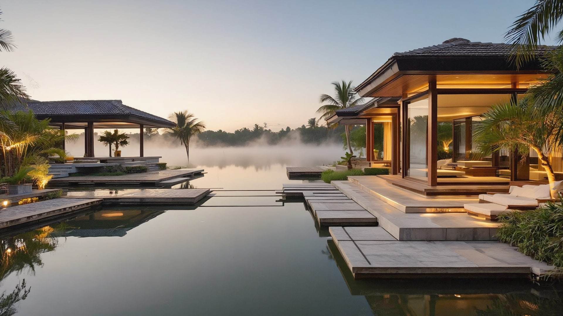 Lakeside pavilions of stone and timber stepping down to still water at dawn.