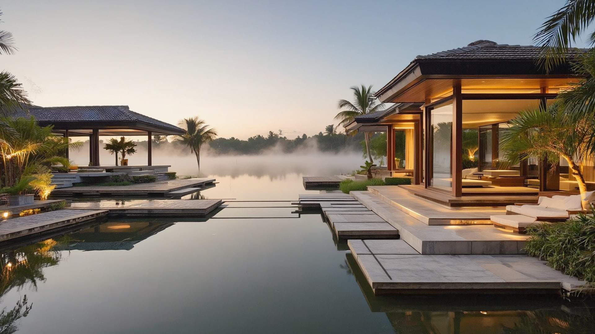 Lakeside pavilions of stone and timber stepping down to still water at dawn.