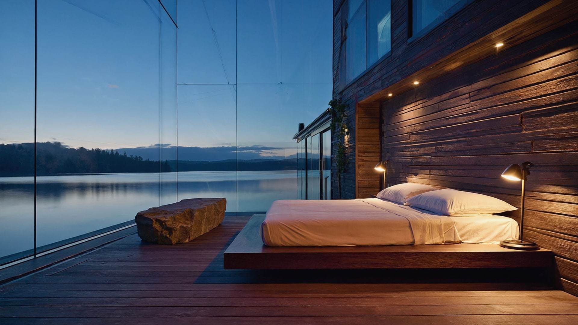 A master suite with a low bed and a full-width window onto the lake at dusk.