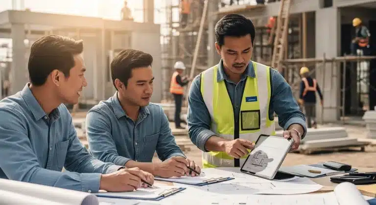 home construction checklist, blueprint, teamwork