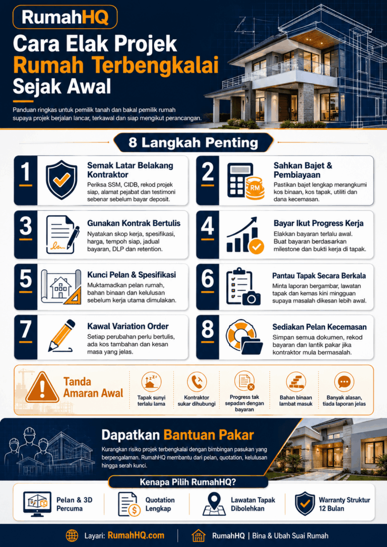 8 Cara Bijak Elak Projek Rumah Terbengkalai Sejak Awal | RumahHQ 5 1783040947 Kos Bina Rumah Terkini 2026 Ramai Pemilik Tanah Terkejut Bila Tahu 8 Perkara Ini Sebelum Mula Projek